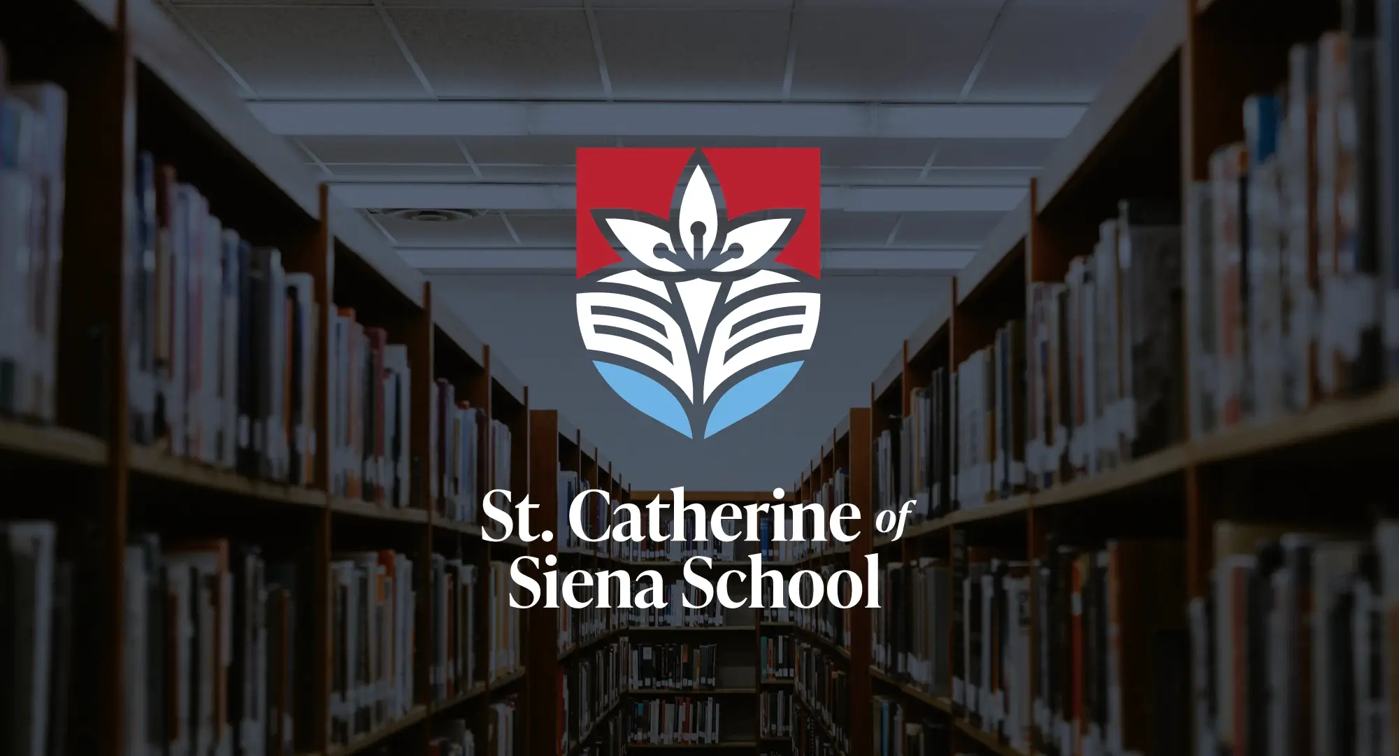 St Catherine Logo over an image of a library